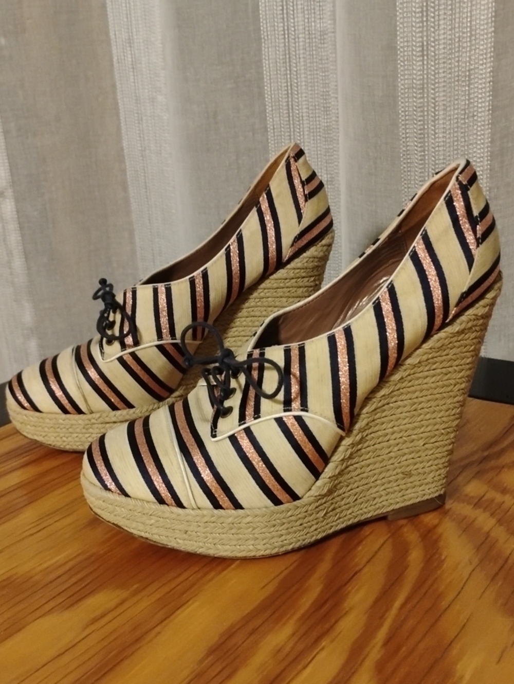 Tabitha Simmons Espadrille Wedge Oxfords - Black, Cream & Rose Gold Stripe